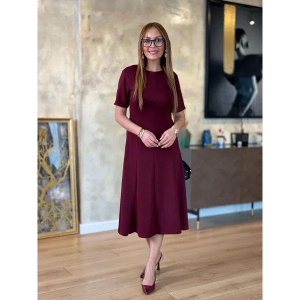 Kadın Kısa Kollu Bisiklet Yaka Midi Viskon Iki Iplik Elbise