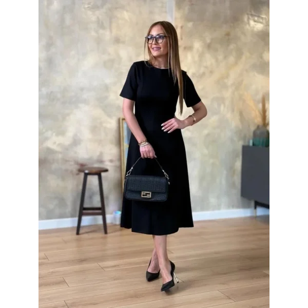 Kadın Kısa Kollu Bisiklet Yaka Midi Viskon Iki Iplik Elbise