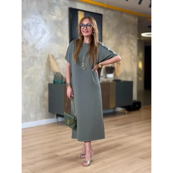 Kadın Kısa Kollu Bisiklet Yaka Omuzdan Düğmeli Uzun Viskon Iki Iplik Elbise