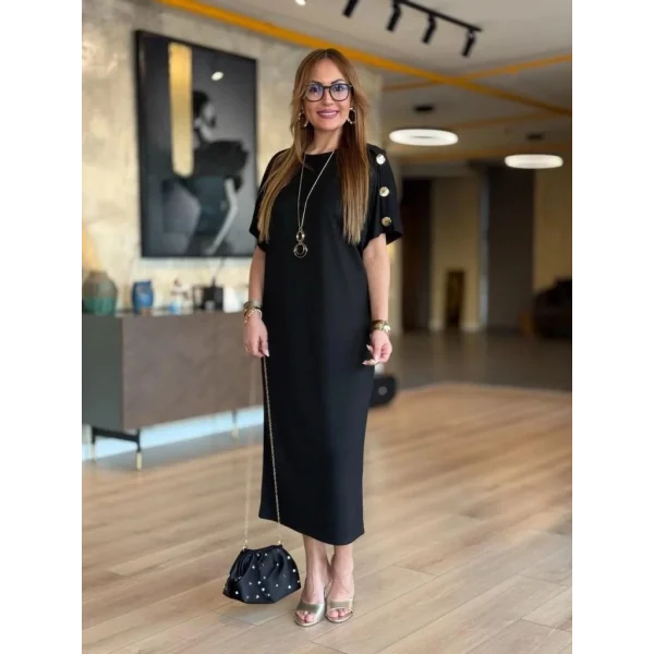 Kadın Kısa Kollu Bisiklet Yaka Omuzdan Düğmeli Uzun Viskon Iki Iplik Elbise