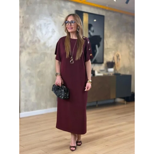 Kadın Kısa Kollu Bisiklet Yaka Omuzdan Düğmeli Uzun Viskon Iki Iplik Elbise