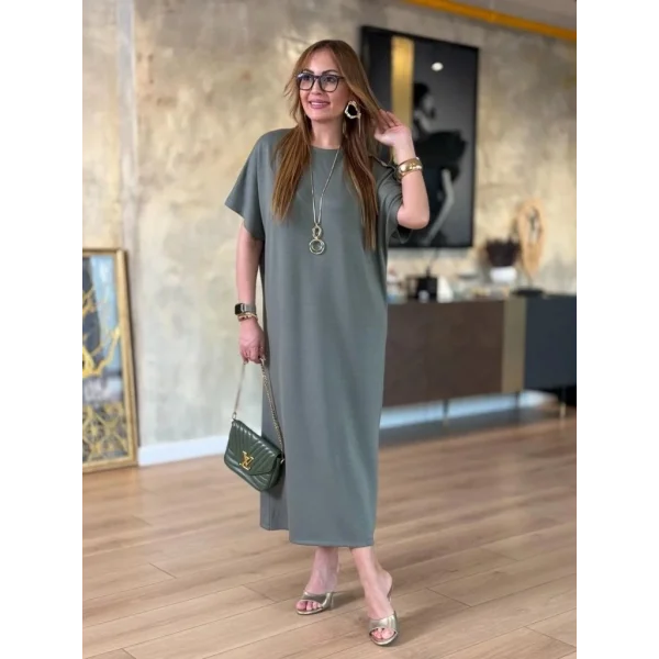 Kadın Kısa Kollu Bisiklet Yaka Omuzdan Düğmeli Uzun Viskon Iki Iplik Elbise