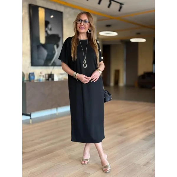 Kadın Kısa Kollu Bisiklet Yaka Omuzdan Düğmeli Uzun Viskon Iki Iplik Elbise