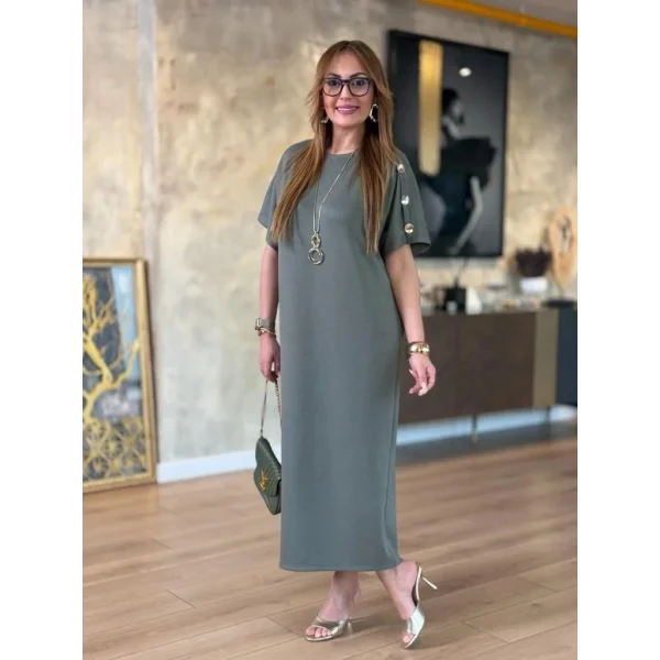 Kadın Kısa Kollu Bisiklet Yaka Omuzdan Düğmeli Uzun Viskon Iki Iplik Elbise