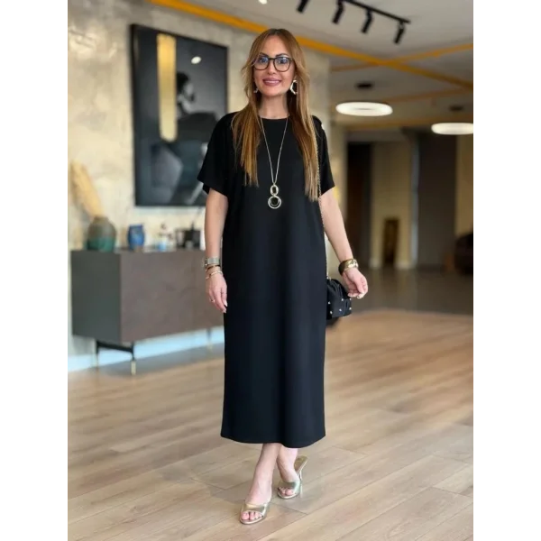 Kadın Kısa Kollu Bisiklet Yaka Omuzdan Düğmeli Uzun Viskon Iki Iplik Elbise