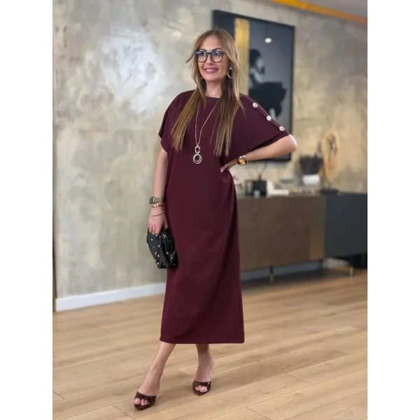 Kadın Kısa Kollu Bisiklet Yaka Omuzdan Düğmeli Uzun Viskon Iki Iplik Elbise