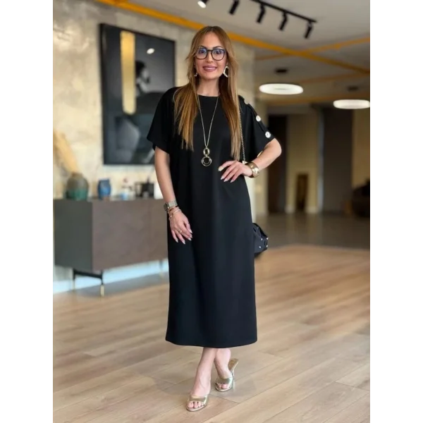 Kadın Kısa Kollu Bisiklet Yaka Omuzdan Düğmeli Uzun Viskon Iki Iplik Elbise