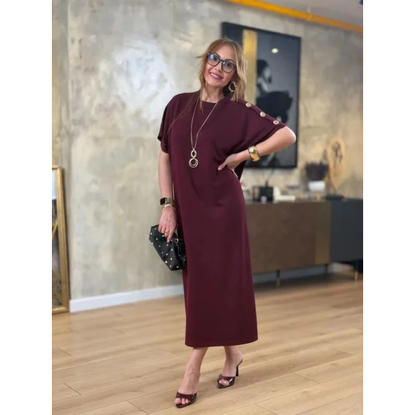 Kadın Kısa Kollu Bisiklet Yaka Omuzdan Düğmeli Uzun Viskon Iki Iplik Elbise