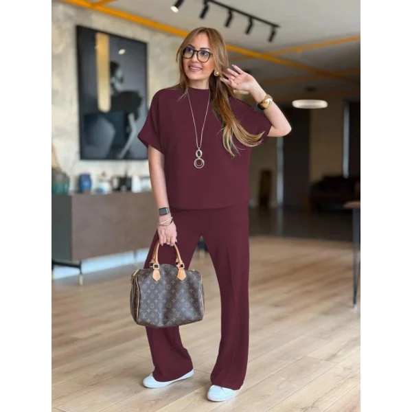 Kadın Kısa Kollu Bisiklet Yaka Omuzdan Düğmeli Viskon Iki Iplik Kısa Bluz Ve Pantolon Ikili Takım