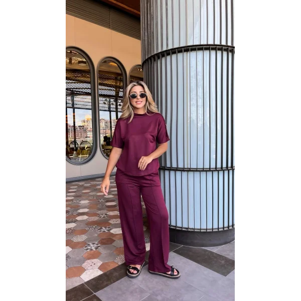 Kadın Kısa Kollu Bisiklet Yaka Omuzdan Düğmeli Viskon Iki Iplik Kısa Bluz Ve Pantolon Ikili Takım