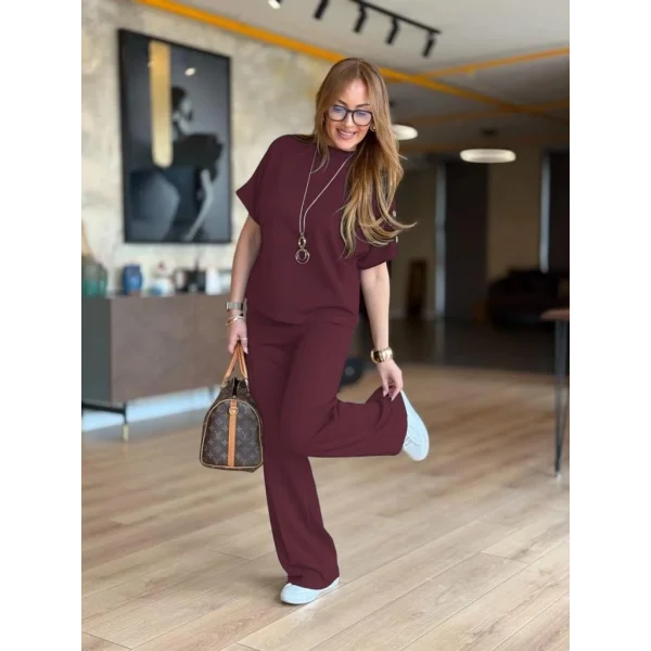 Kadın Kısa Kollu Bisiklet Yaka Omuzdan Düğmeli Viskon Iki Iplik Kısa Bluz Ve Pantolon Ikili Takım