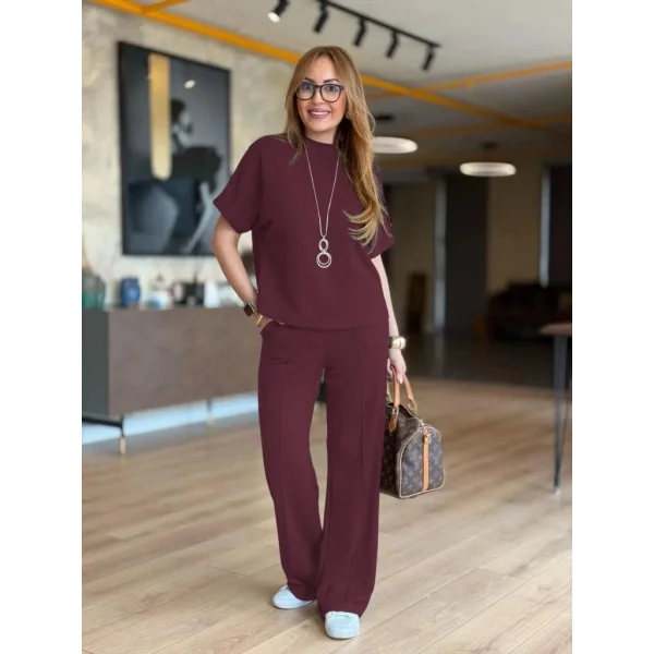 Kadın Kısa Kollu Bisiklet Yaka Omuzdan Düğmeli Viskon Iki Iplik Kısa Bluz Ve Pantolon Ikili Takım