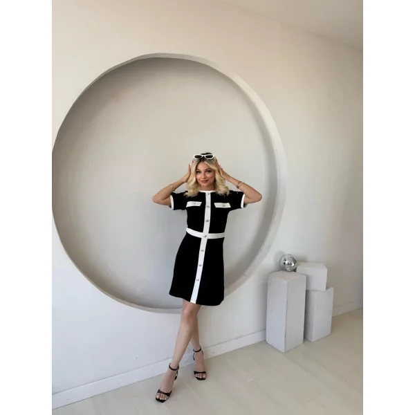 Kadın Kısa Kollu Bisiklet Yaka önden Düğmeli Modal Elbise