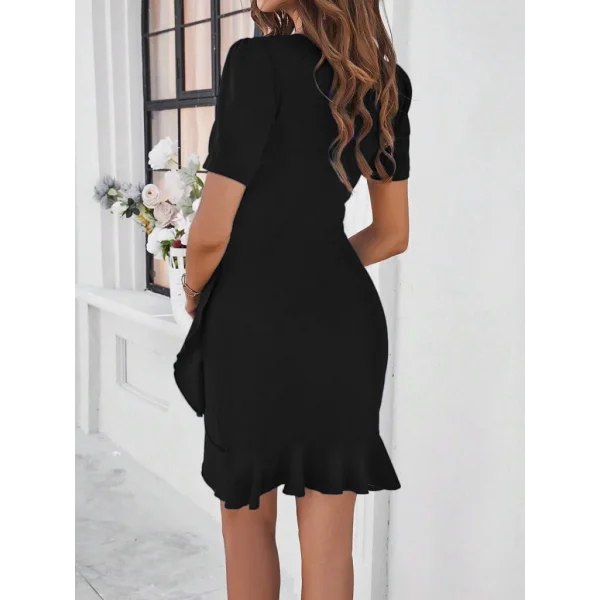 Kadın Kısa Kollu Bisiklet Yaka önden Fırfırlı Büzgülü Janjan Krep Kısa Elbise