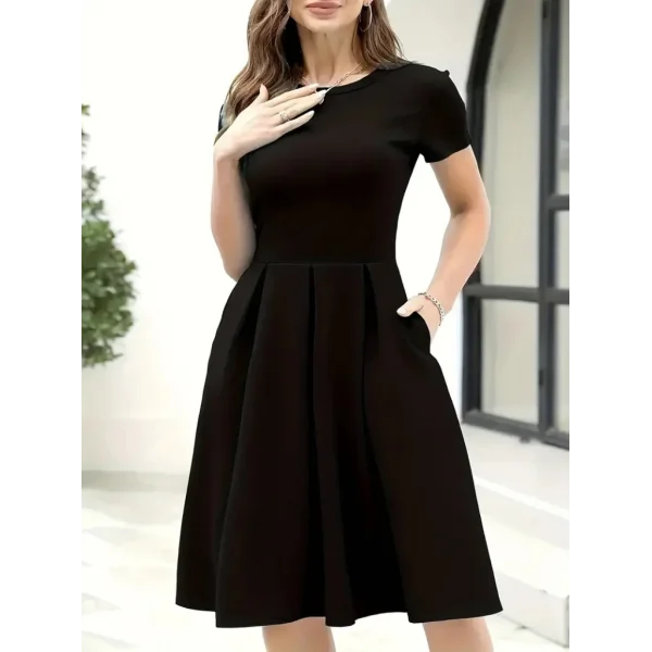 Kadın Kısa Kollu Bisiklet Yaka önden Pile Detaylı Janjan Krep Elbise