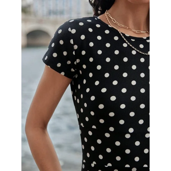 Kadın Kısa Kollu Bisiklet Yaka Puantiyeli Maksi örme Krep Elbise