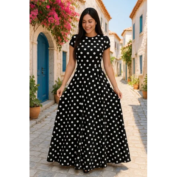 Kadın Kısa Kollu Bisiklet Yaka Puantiyeli Maksi örme Krep Elbise