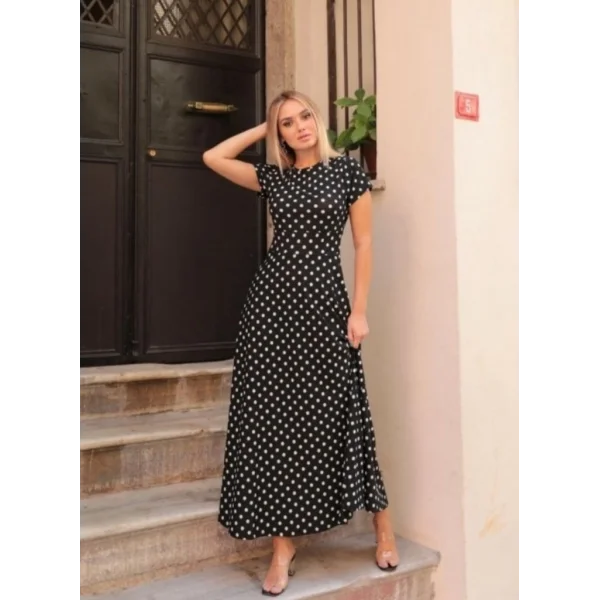 Kadın Kısa Kollu Bisiklet Yaka Puantiyeli Maksi örme Krep Elbise