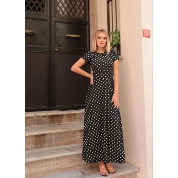 Kadın Kısa Kollu Bisiklet Yaka Puantiyeli Maksi örme Krep Elbise