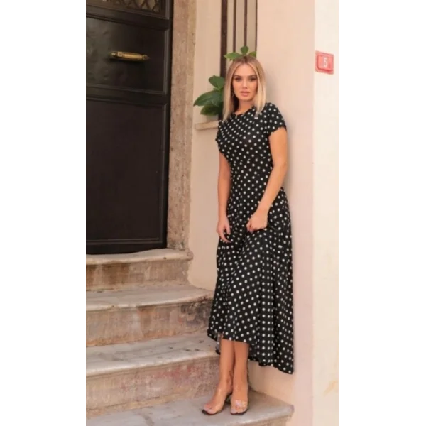 Kadın Kısa Kollu Bisiklet Yaka Puantiyeli Maksi örme Krep Elbise