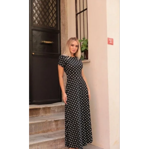 Kadın Kısa Kollu Bisiklet Yaka Puantiyeli Maksi örme Krep Elbise