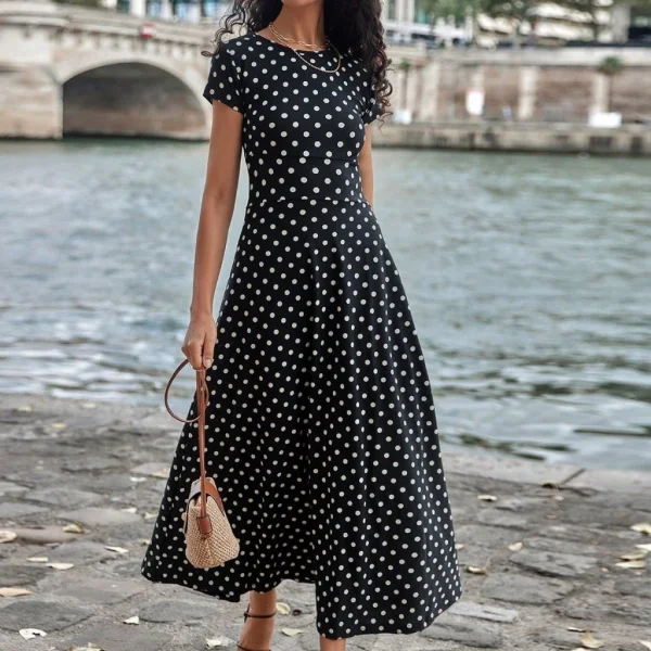 Kadın Kısa Kollu Bisiklet Yaka Puantiyeli Maksi örme Krep Elbise