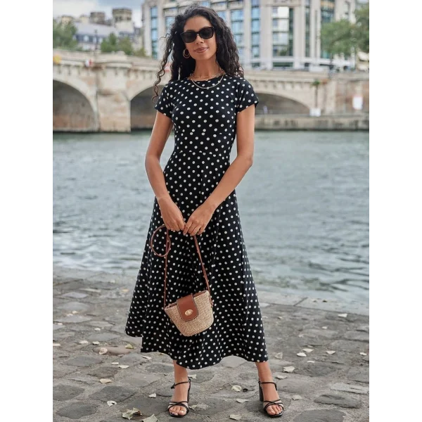 Kadın Kısa Kollu Bisiklet Yaka Puantiyeli Maksi örme Krep Elbise