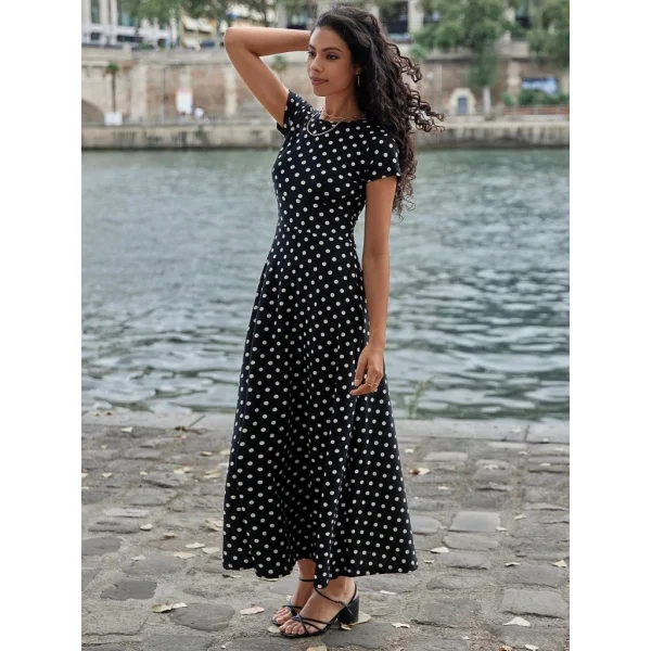 Kadın Kısa Kollu Bisiklet Yaka Puantiyeli Maksi örme Krep Elbise