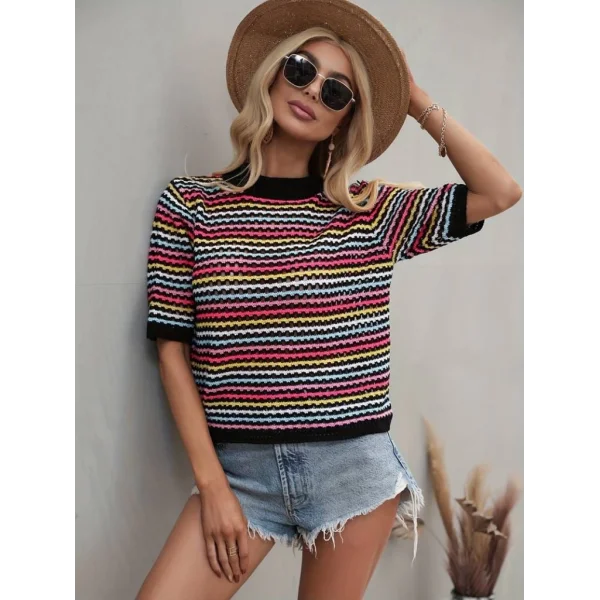 Kadın Kısa Kollu Bisiklet Yaka Renkli şerit Detaylı Triko Bluz