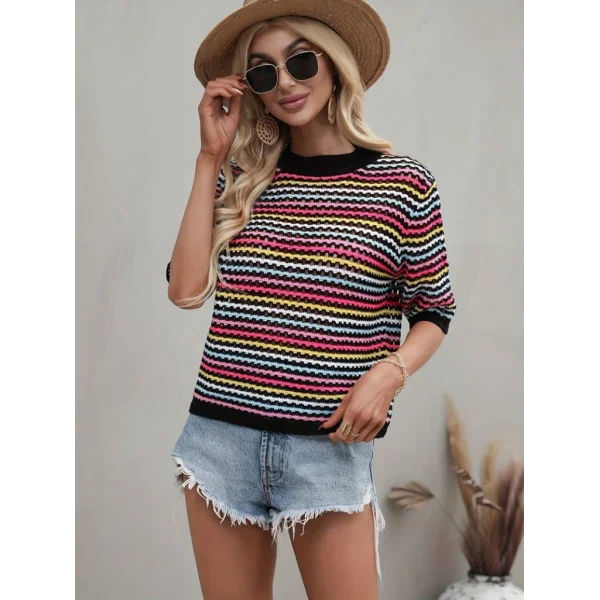 Kadın Kısa Kollu Bisiklet Yaka Renkli şerit Detaylı Triko Bluz