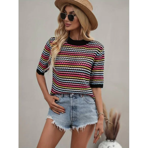 Kadın Kısa Kollu Bisiklet Yaka Renkli şerit Detaylı Triko Bluz