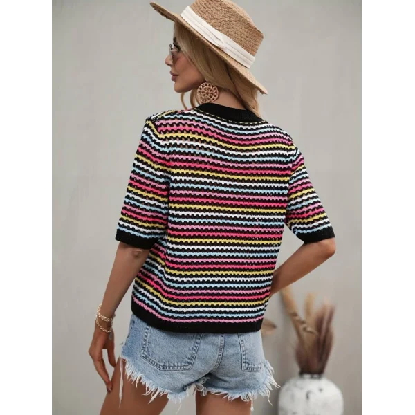 Kadın Kısa Kollu Bisiklet Yaka Renkli şerit Detaylı Triko Bluz