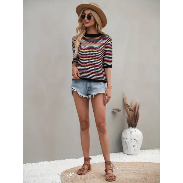 Kadın Kısa Kollu Bisiklet Yaka Renkli şerit Detaylı Triko Bluz