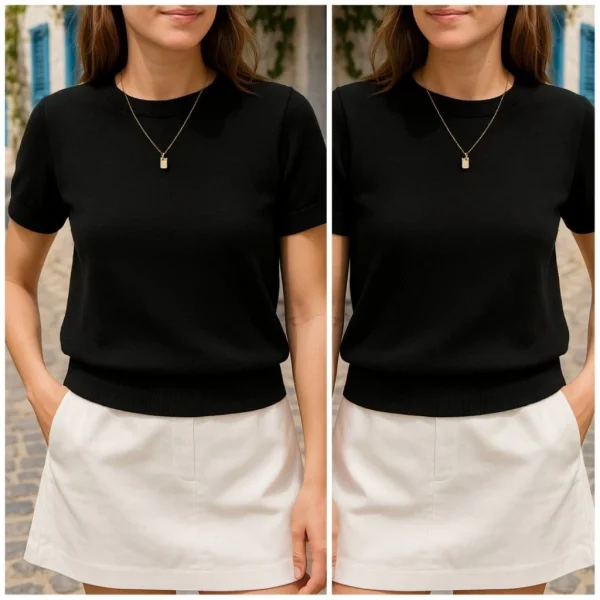 Kadın Kısa Kollu Bisiklet Yaka Triko Bluz