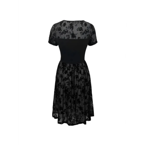Kadın Kısa Kollu Bisiklet Yaka Tül Flok Baskı Detaylı Elbise