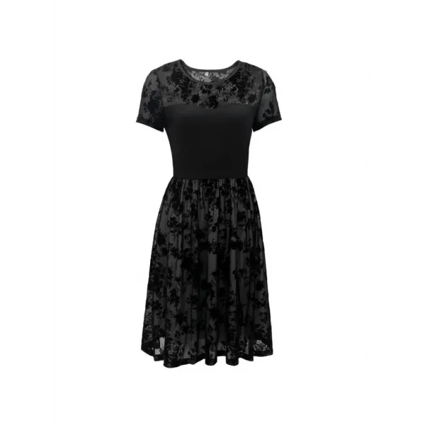 Kadın Kısa Kollu Bisiklet Yaka Tül Flok Baskı Detaylı Elbise