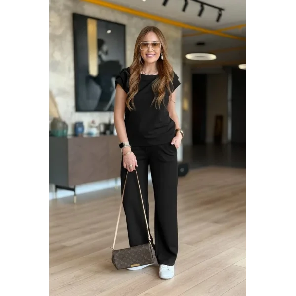 Kadın Kısa Kollu Bisiklet Yaka Viskon Iki Iplik Bluz Ve Pantolon Ikili Takım