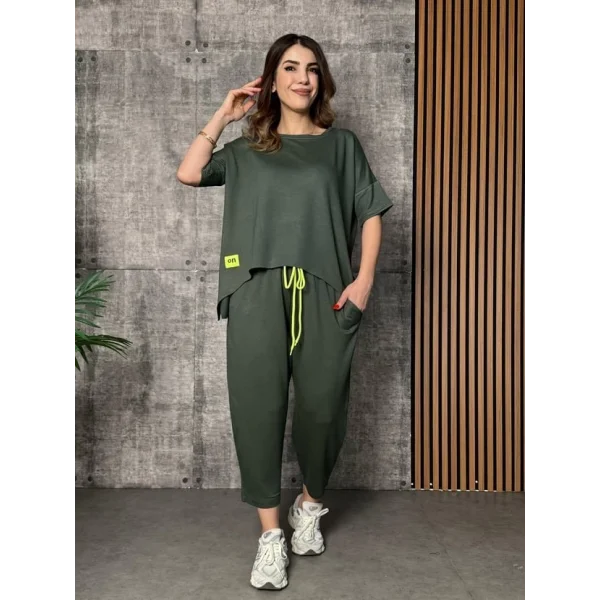 Kadın Kısa Kollu Bisiklet Yaka Viskon Iki Iplik Bluz Ve Pantolon Ikili Takım