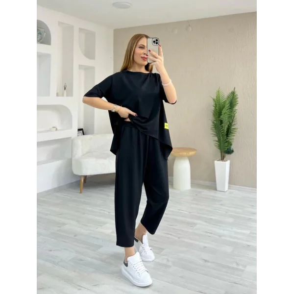 Kadın Kısa Kollu Bisiklet Yaka Viskon Iki Iplik Bluz Ve Pantolon Ikili Takım