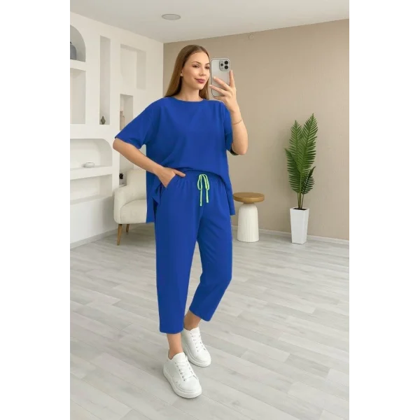 Kadın Kısa Kollu Bisiklet Yaka Viskon Iki Iplik Bluz Ve Pantolon Ikili Takım