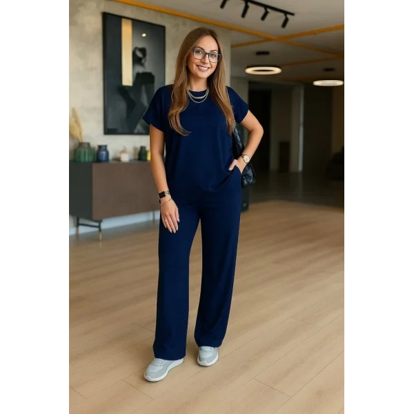 Kadın Kısa Kollu Bisiklet Yaka Viskon Iki Iplik Bluz Ve Pantolon Ikili Takım