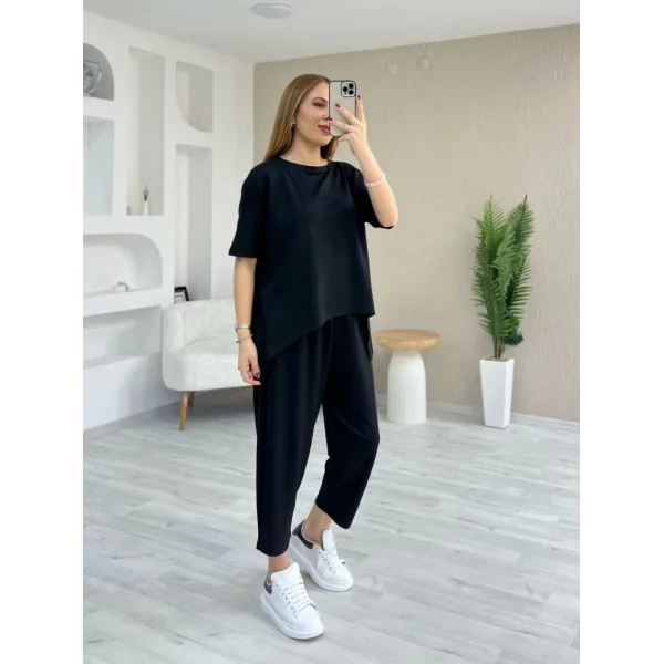 Kadın Kısa Kollu Bisiklet Yaka Viskon Iki Iplik Bluz Ve Pantolon Ikili Takım