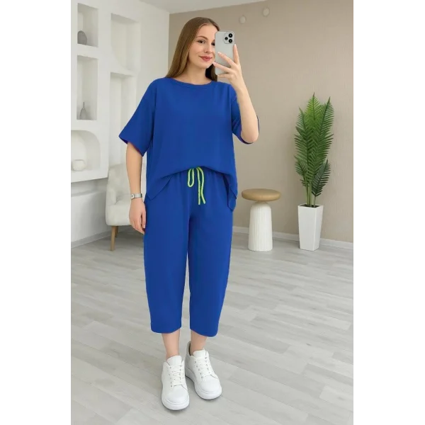 Kadın Kısa Kollu Bisiklet Yaka Viskon Iki Iplik Bluz Ve Pantolon Ikili Takım