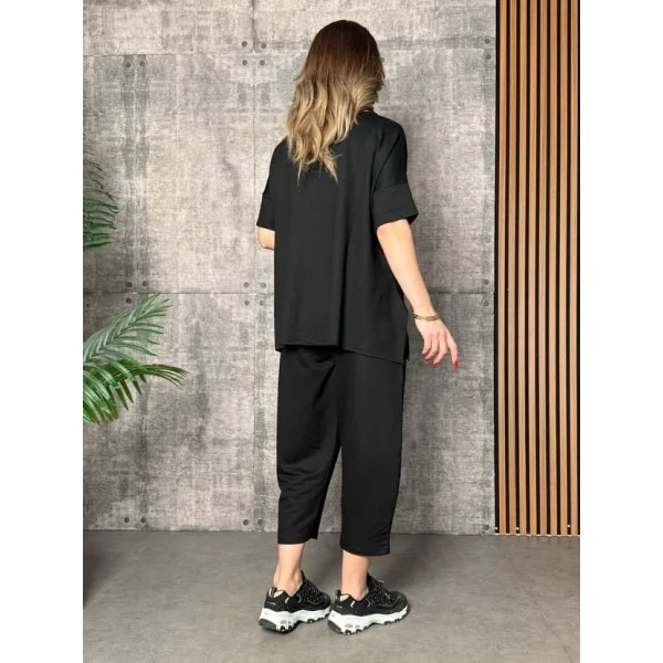 Kadın Kısa Kollu Bisiklet Yaka Viskon Iki Iplik Bluz Ve Pantolon Ikili Takım