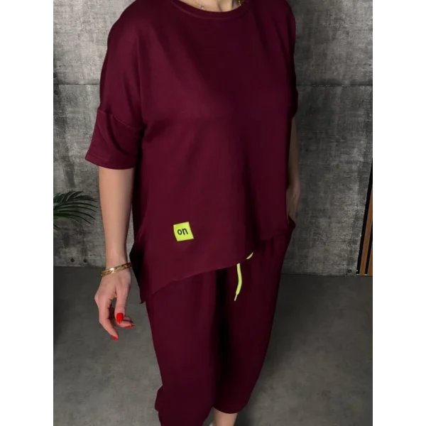 Kadın Kısa Kollu Bisiklet Yaka Viskon Iki Iplik Bluz Ve Pantolon Ikili Takım