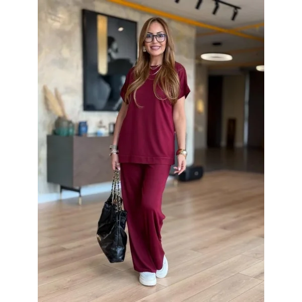 Kadın Kısa Kollu Bisiklet Yaka Viskon Iki Iplik Bluz Ve Pantolon Ikili Takım