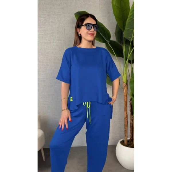 Kadın Kısa Kollu Bisiklet Yaka Viskon Iki Iplik Bluz Ve Pantolon Ikili Takım