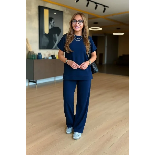 Kadın Kısa Kollu Bisiklet Yaka Viskon Iki Iplik Bluz Ve Pantolon Ikili Takım