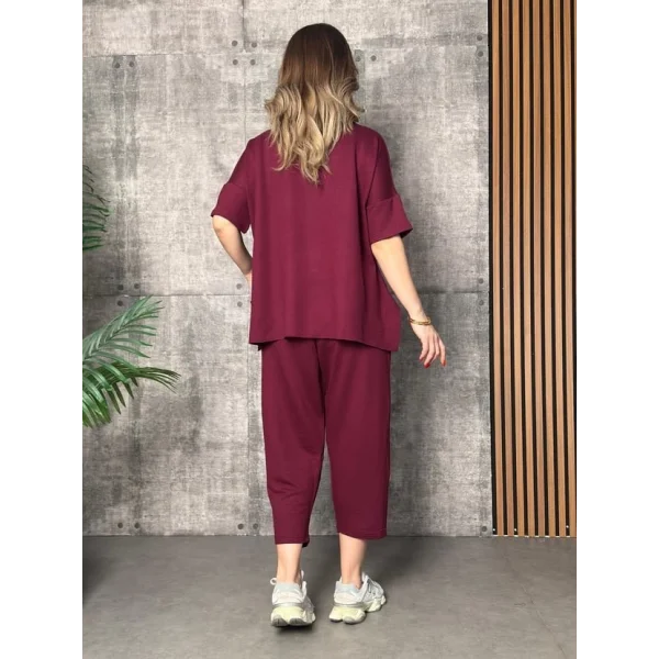 Kadın Kısa Kollu Bisiklet Yaka Viskon Iki Iplik Bluz Ve Pantolon Ikili Takım