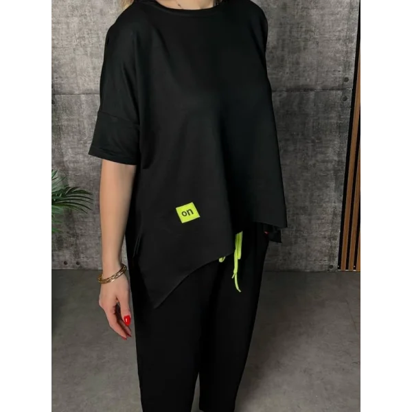 Kadın Kısa Kollu Bisiklet Yaka Viskon Iki Iplik Bluz Ve Pantolon Ikili Takım